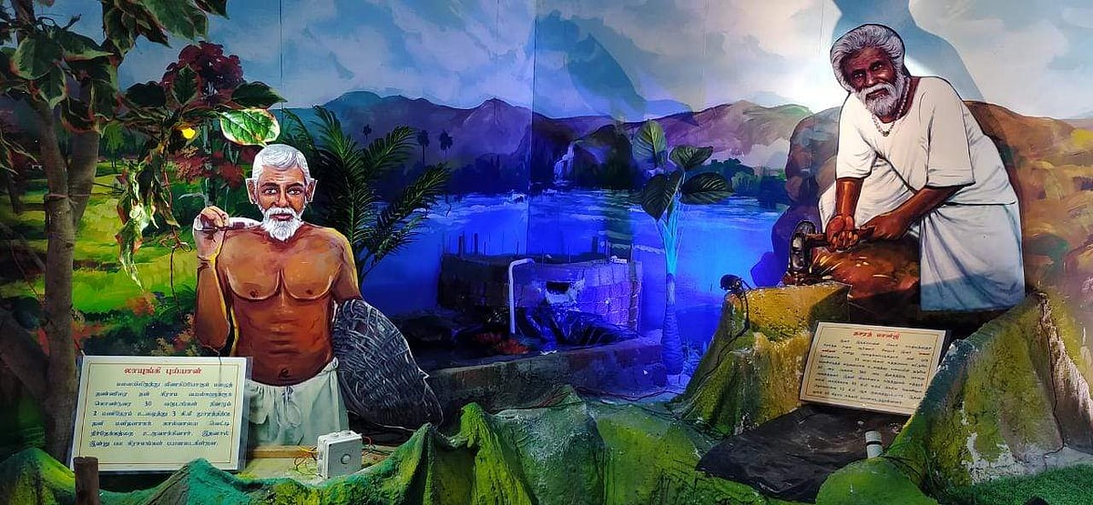 மலையைக் குடைந்து சாலை அமைத்த தசரத்மான்ஜி, நீர்த்தேக்கம் அமைத்த லாயுங்கி புய்யான் ஆகியோரது ஒளிப்படங்கள். 