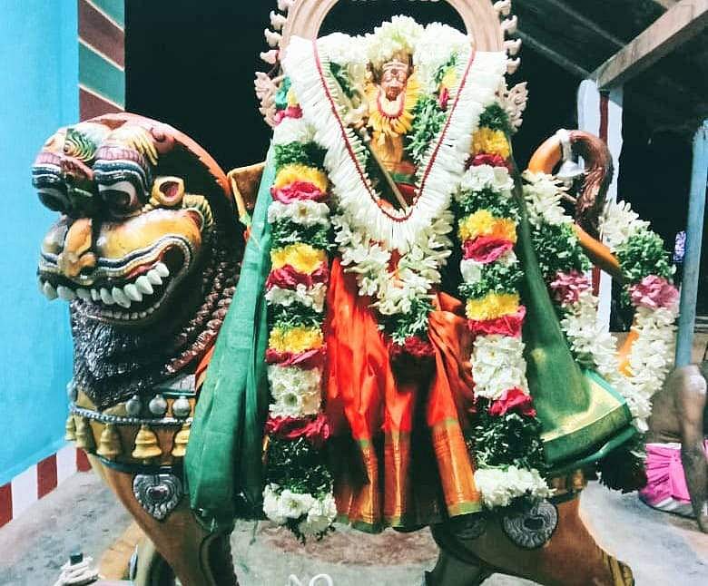 கொடியேற்றத்தின்போது சிம்ம வாகனத்தில் எழுந்தருளி அருள்பாலித்த உற்சவர்.