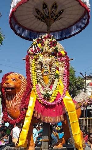 சிம்ம வாகனத்தில் எழுந்தருளிய அங்காள பரமேஸ்வரி அம்மன்.