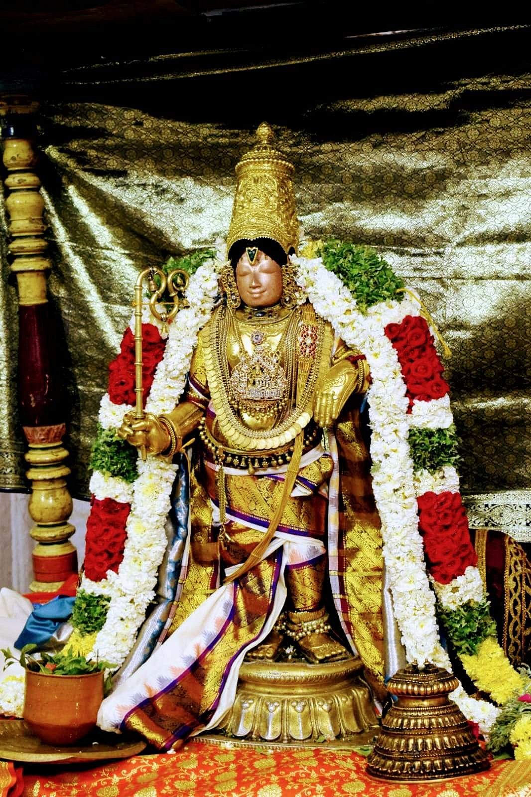 பங்குனித்திருவிழா கொடியேற்றத்தையொட்டி சிறப்பு அலங்காரத்தில்  அருள்பாலிக்கும் உற்சவர் ராஜகோபாலசுவாமி .