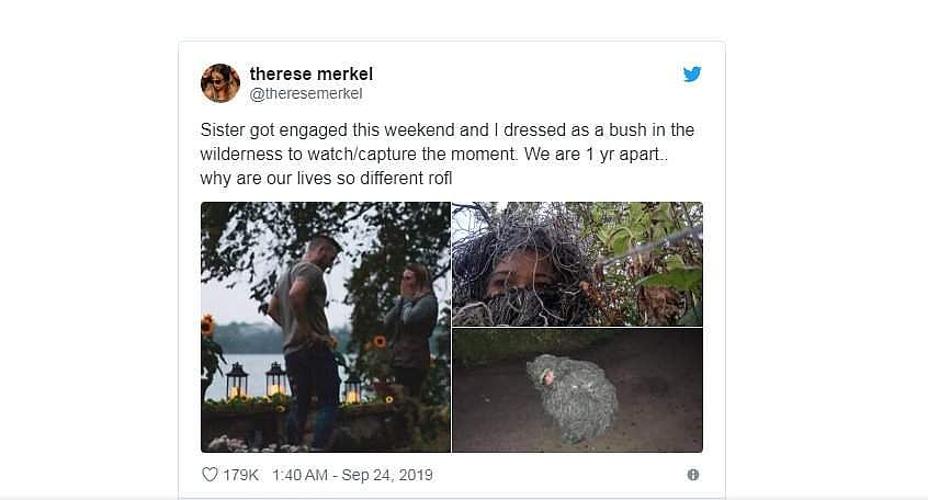 அழகிய தருணத்தைக் காட்சிப் படுத்த புதர் போல வேடமிட்ட தங்கை..